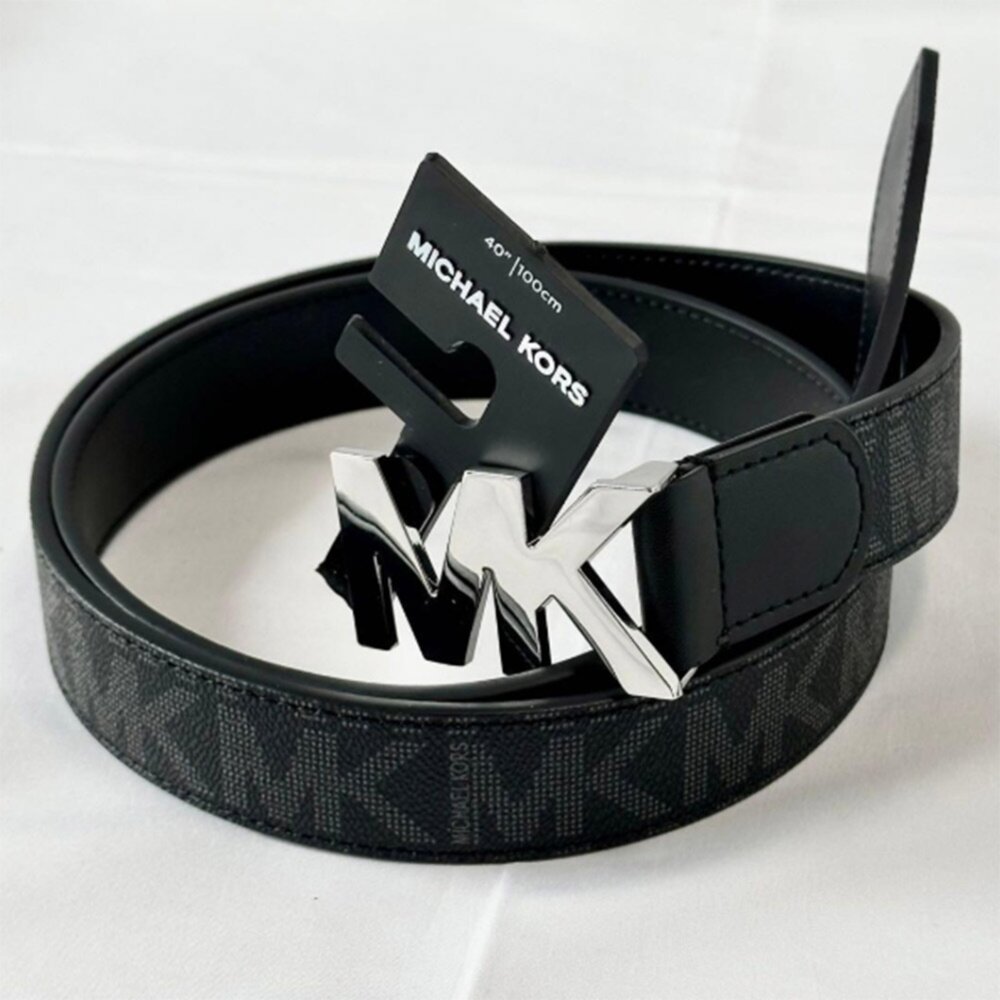 Michael Kors MK 滿版Logo 男士黑色真皮腰帶 封面照片