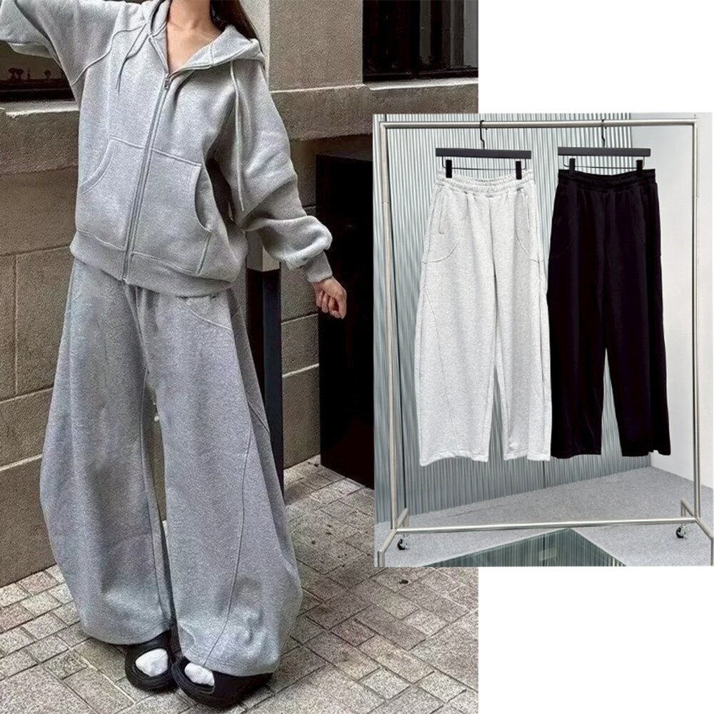 260414154725-解構 線條 落地 彎刀褲 棉寬褲 黑 白 長褲 男女 情侶 1774