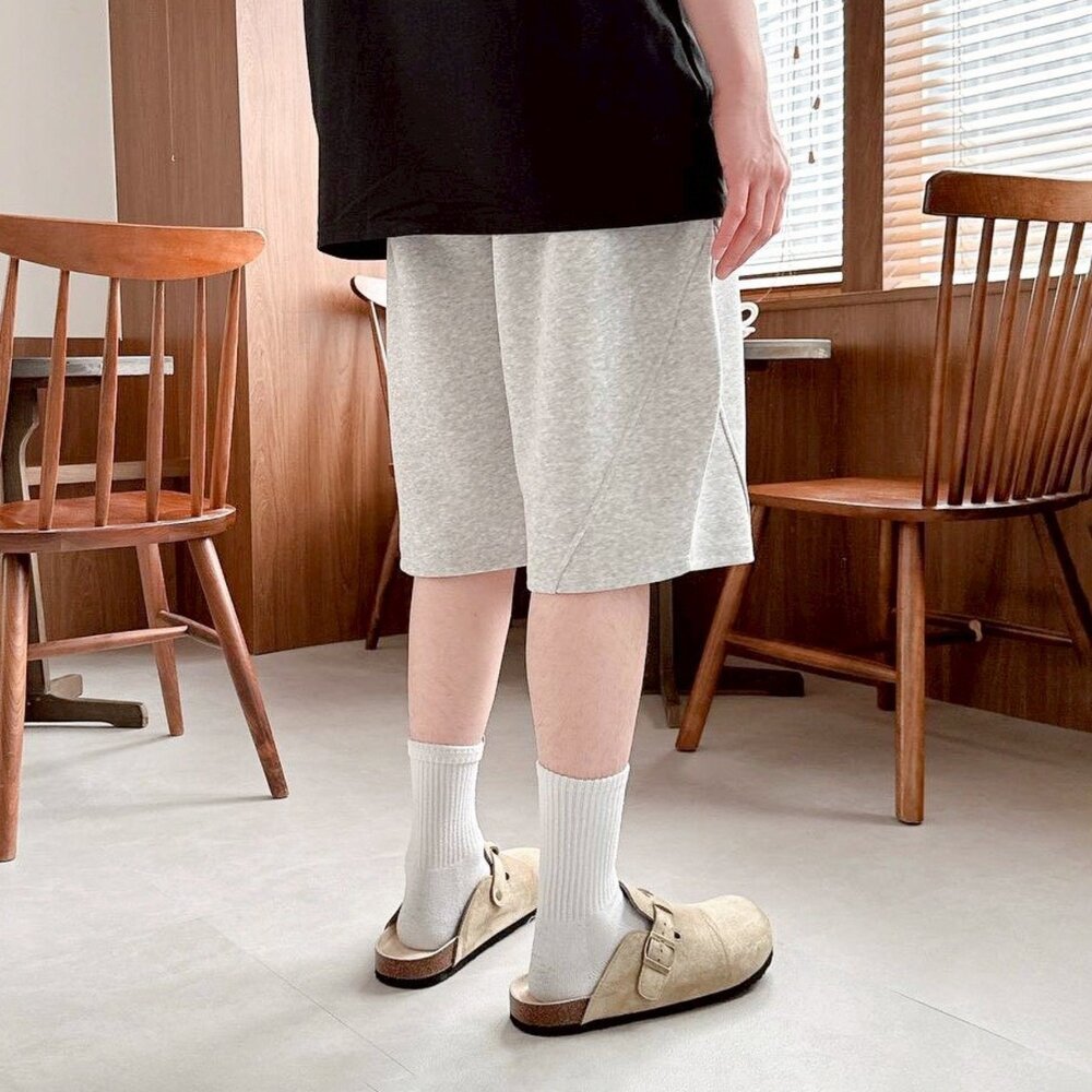 韓版 車線造型 剪裁 彎刀短褲 棉短褲 黑 灰 厚磅 短褲 男女 情侶 1793-圖片-1