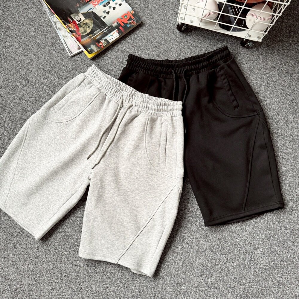 韓版 車線造型 剪裁 彎刀短褲 棉短褲 黑 灰 厚磅 短褲 男女 情侶 1793-圖片-10