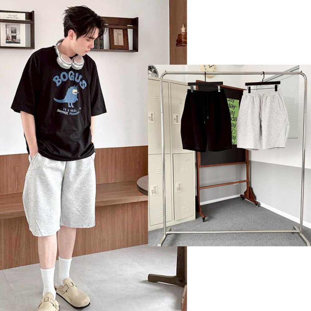 260414162619-韓版 車線造型 剪裁 彎刀短褲 棉短褲 黑 灰 厚磅 短褲 男女 情侶 1793