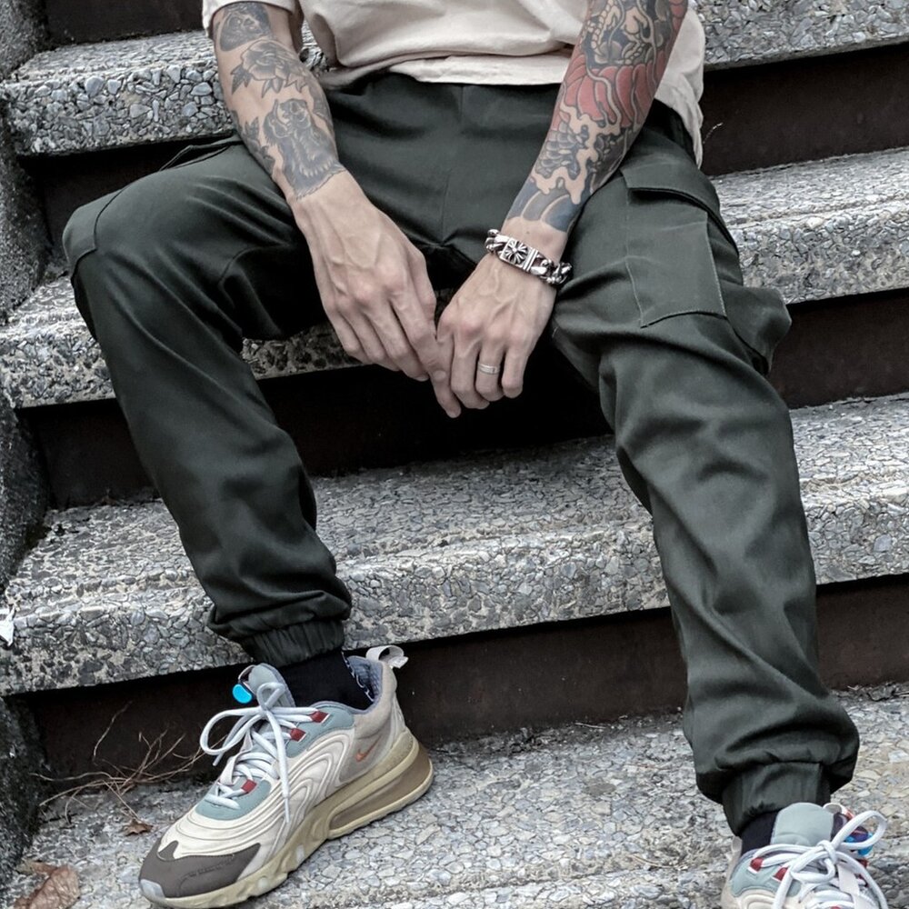 9252212003-韓版 工作褲 工裝長褲 街頭  軍裝 修身 大口袋 工作褲 窄版長褲 軍裝褲 長褲 彈性纖維 縮口褲 1498