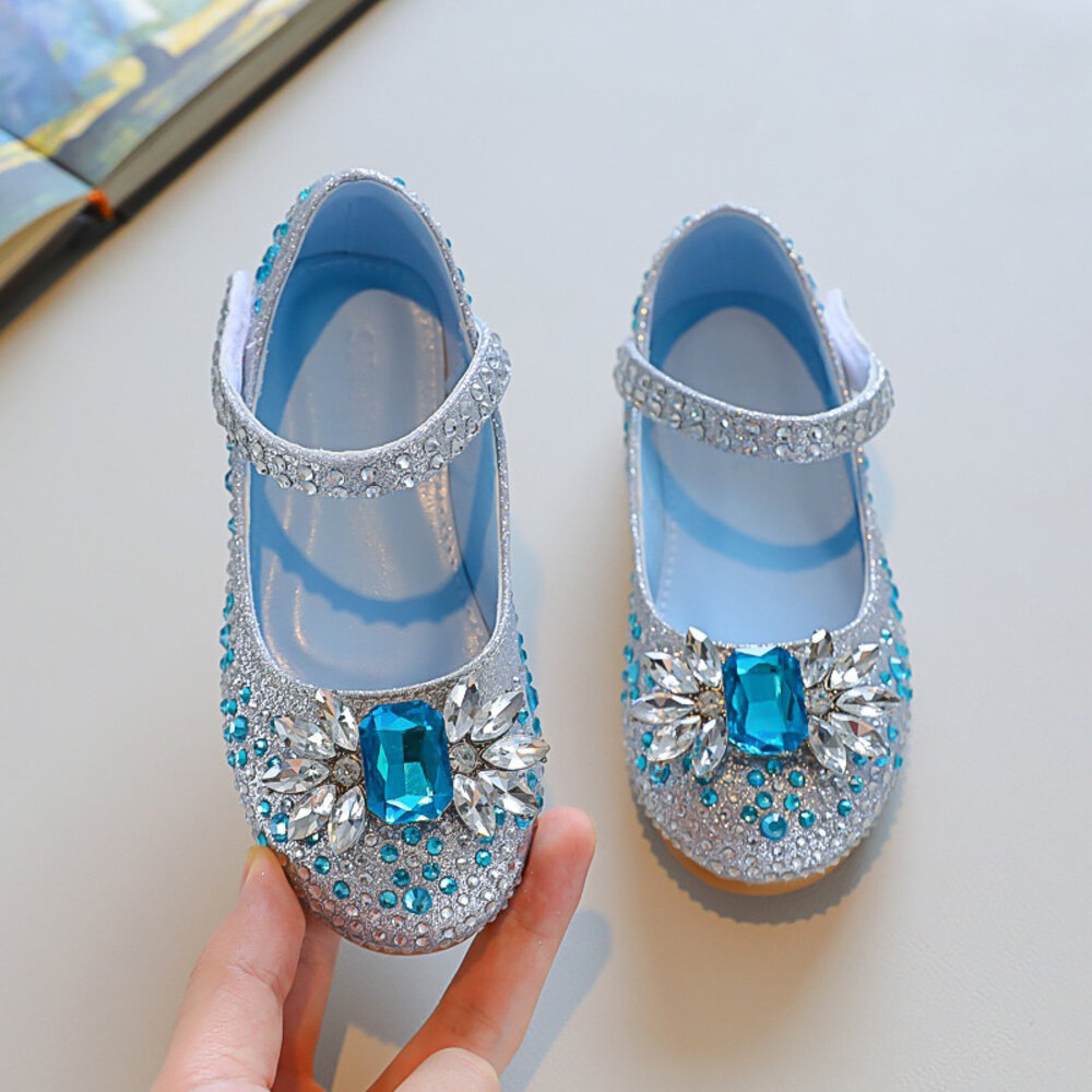 女童公主鞋 娃娃鞋 🔥獨家販售🔥 寶石 公主 平底鞋 銀色 水藍色 魔鬼氈 花童鞋-圖片-1