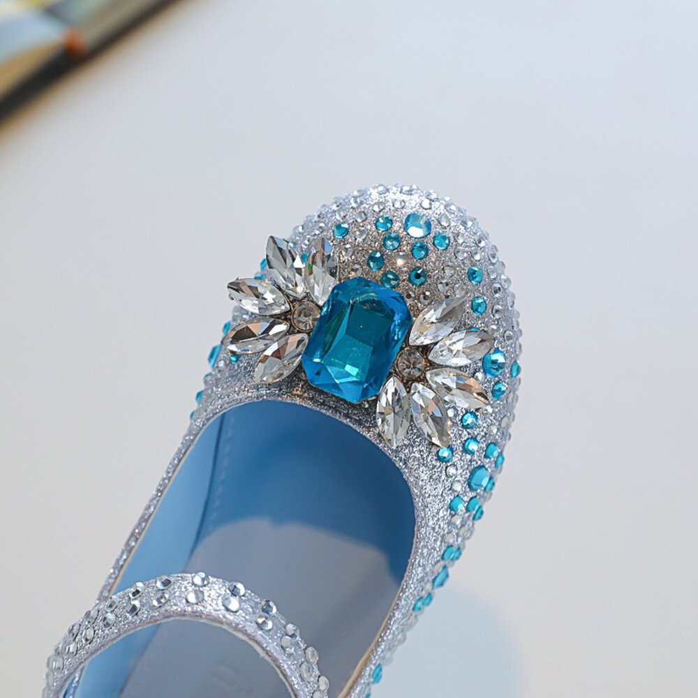 女童公主鞋 娃娃鞋 🔥獨家販售🔥 寶石 公主 平底鞋 銀色 水藍色 魔鬼氈 花童鞋-圖片-2