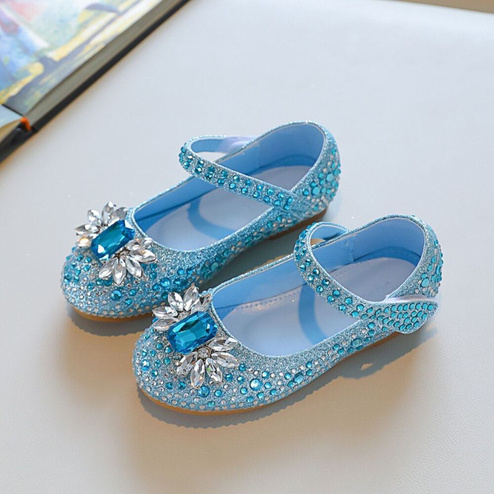 女童公主鞋 娃娃鞋 🔥獨家販售🔥 寶石 公主 平底鞋 銀色 水藍色 魔鬼氈 花童鞋-圖片-3