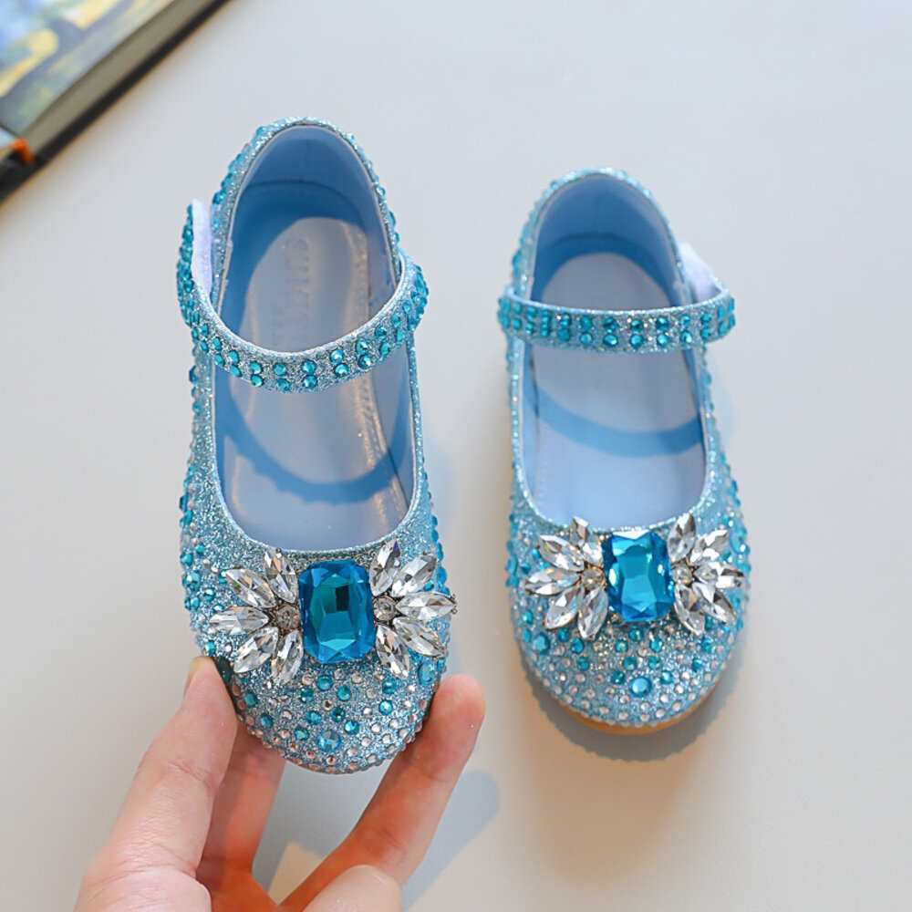 女童公主鞋 娃娃鞋 🔥獨家販售🔥 寶石 公主 平底鞋 銀色 水藍色 魔鬼氈 花童鞋-圖片-4