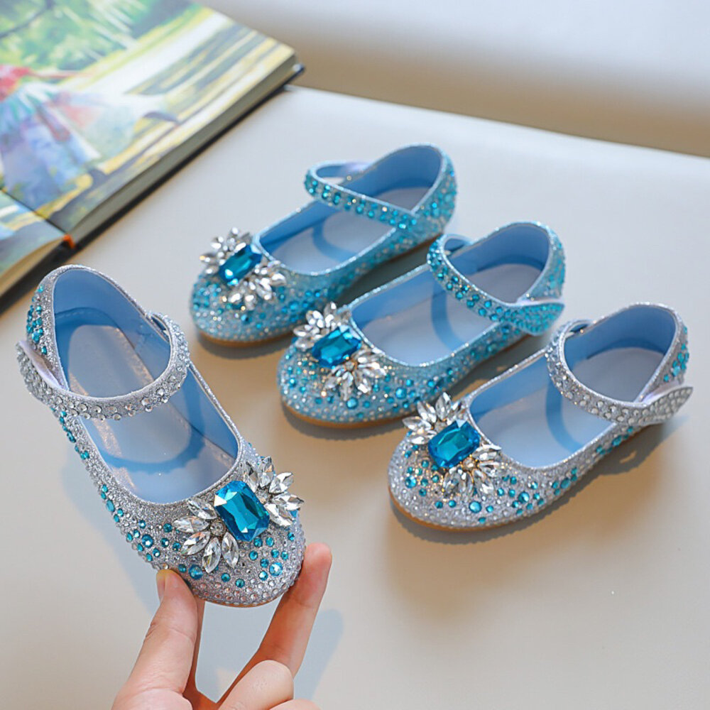 11295577440-女童公主鞋 娃娃鞋 🔥獨家販售🔥 寶石 公主 平底鞋 銀色 水藍色 魔鬼氈 花童鞋