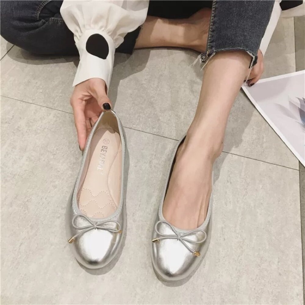 銀色 金色 蝴蝶結娃娃鞋 平底鞋 黑色包鞋 女鞋 休閒鞋 35-41號 圓頭 女童-圖片-2