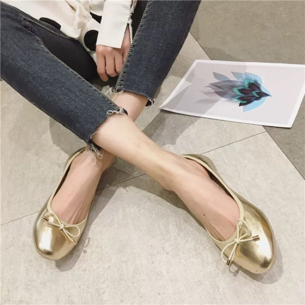 銀色 金色 蝴蝶結娃娃鞋 平底鞋 黑色包鞋 女鞋 休閒鞋 35-41號 圓頭 女童-圖片-4