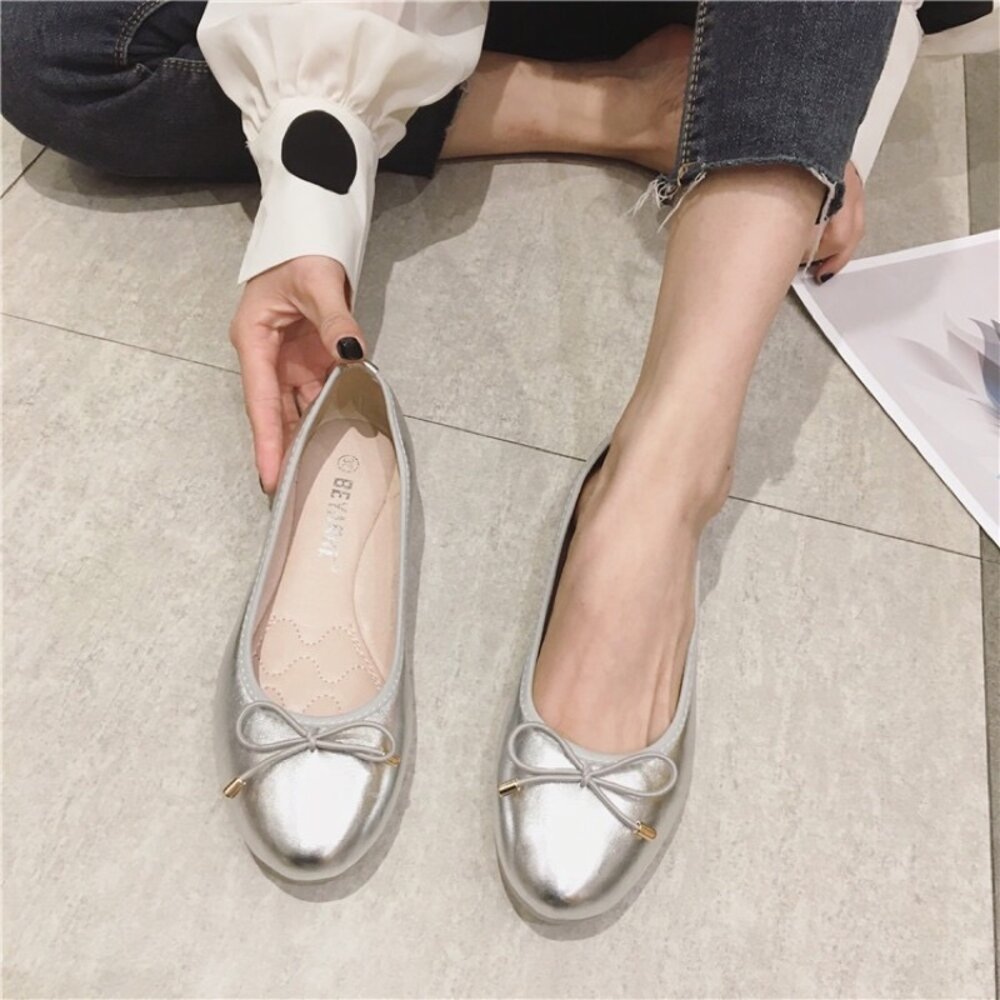金色銀色 平底娃娃鞋 蝴蝶結 休閒鞋 🔥快速出貨🔥 包鞋 女鞋 圓頭 比雅恩l⋯⋯-圖片-2