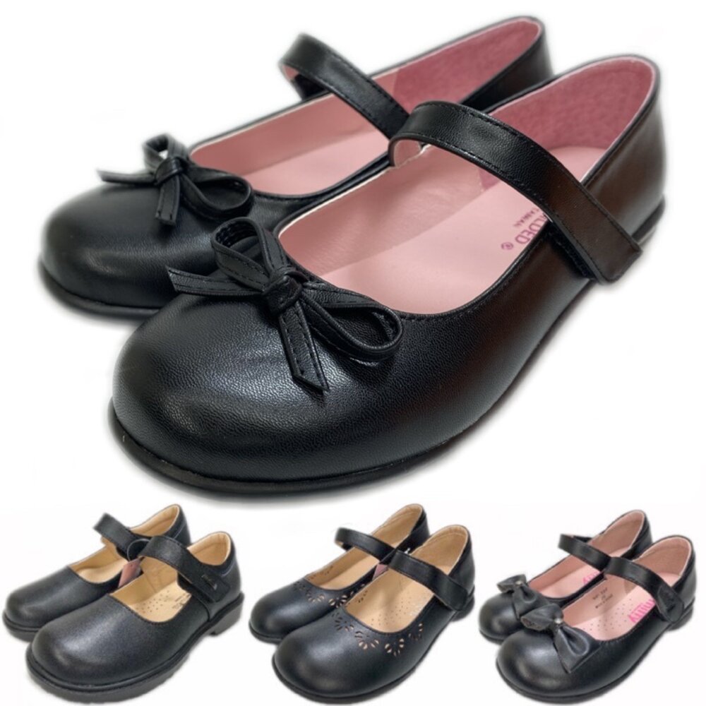 女童真皮皮鞋學生鞋 魔鬼氈蝴蝶結全黑黑皮鞋 台灣製 女童皮鞋／ 封面照片