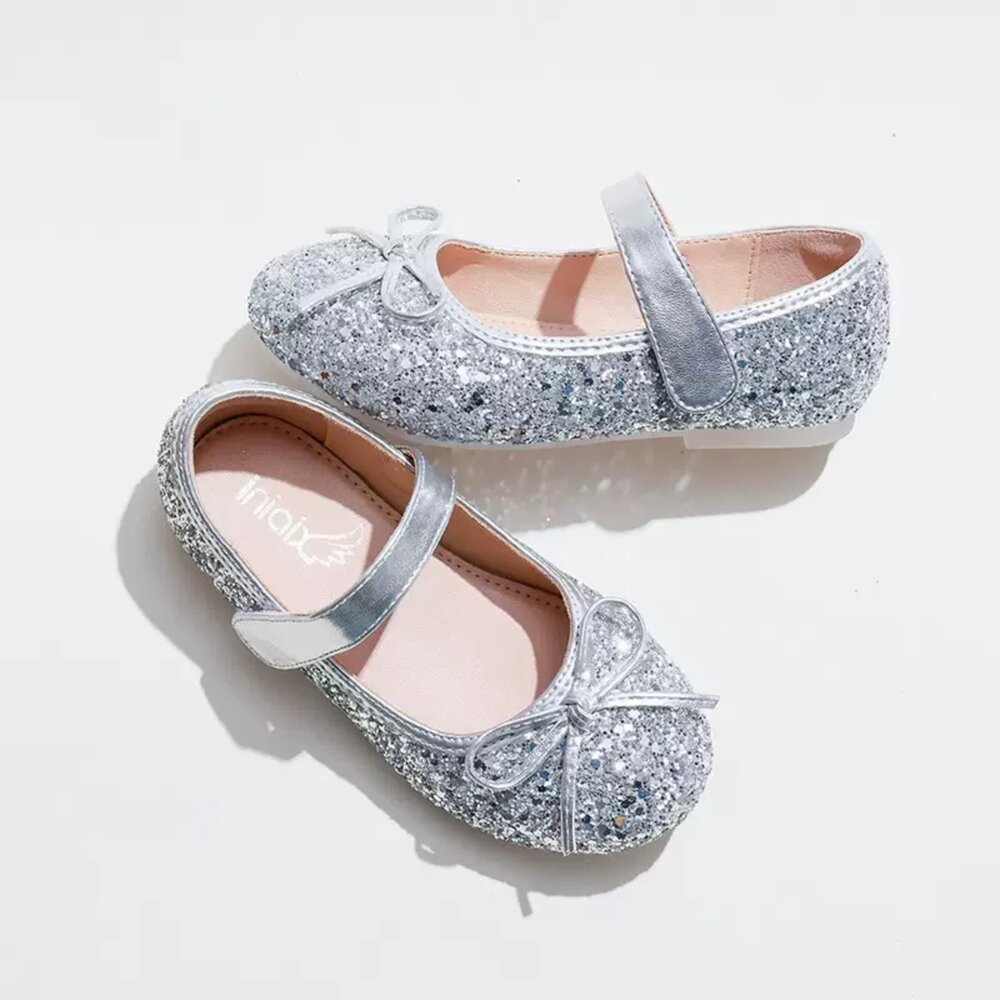 女童娃娃鞋 水鑽亮片 蝴蝶結公主鞋 銀色 金色 平底鞋 魔鬼氈-圖片-1