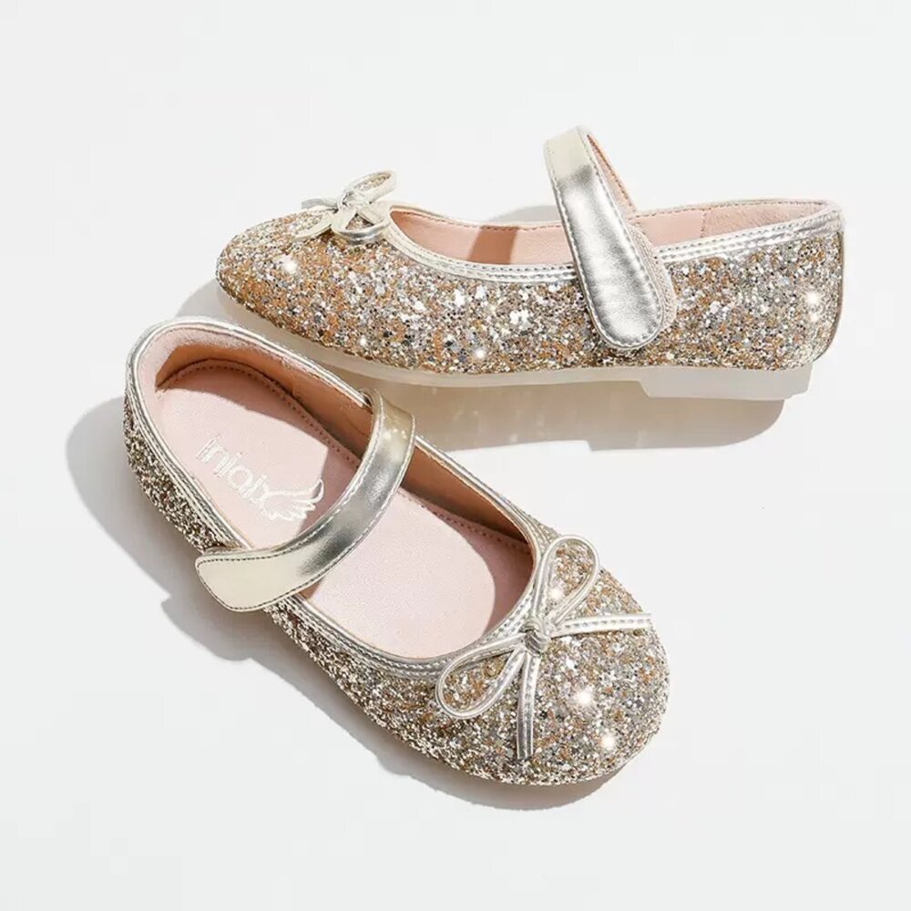 女童娃娃鞋 水鑽亮片 蝴蝶結公主鞋 銀色 金色 平底鞋 魔鬼氈-圖片-3
