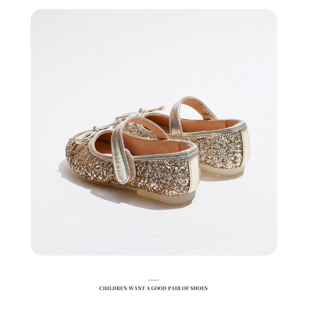 女童娃娃鞋 水鑽亮片 蝴蝶結公主鞋 銀色 金色 平底鞋 魔鬼氈-圖片-5