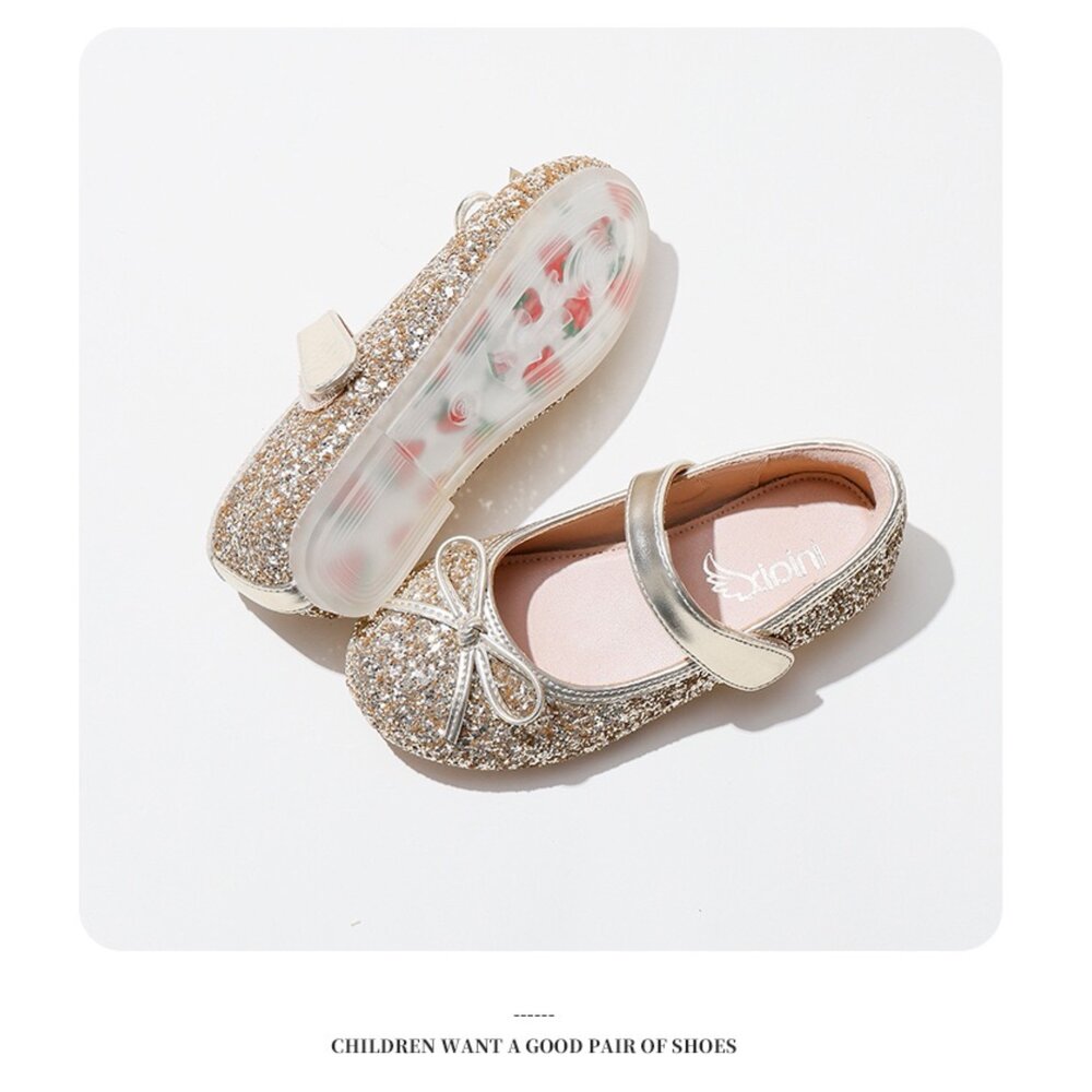 女童娃娃鞋 水鑽亮片 蝴蝶結公主鞋 銀色 金色 平底鞋 魔鬼氈-圖片-6