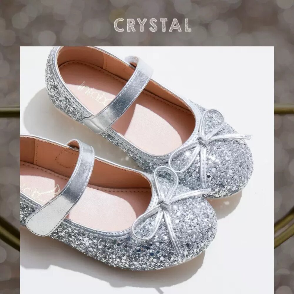 16540446854-女童娃娃鞋 水鑽亮片 蝴蝶結公主鞋 銀色 金色 平底鞋 魔鬼氈