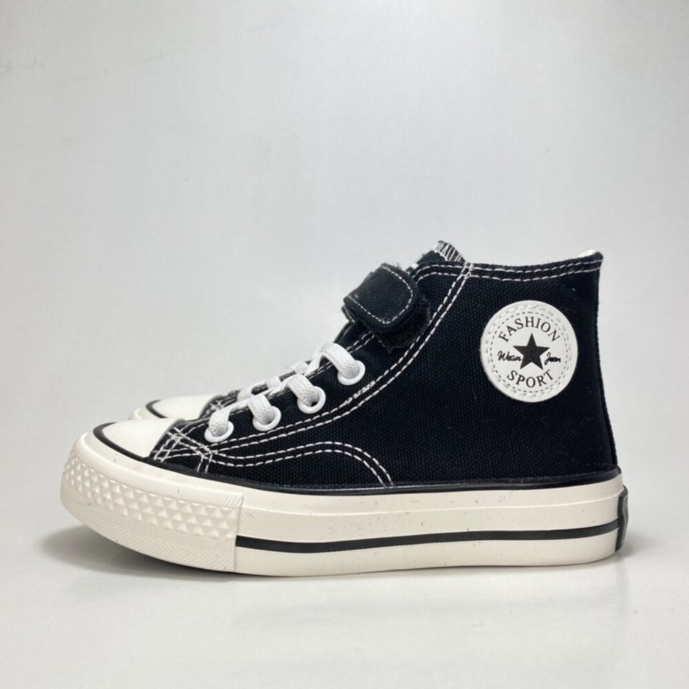 高筒 兒童帆布鞋 休閒鞋 平底鞋 魔鬼氈 16-23公分 室內鞋-圖片-1