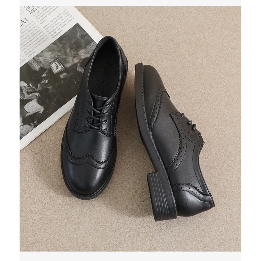 牛津鞋 學生鞋 綁帶 學院風 亮皮 36-40號 ❤️粗跟好走 包鞋 英倫風 復古 雕花 巴洛克風-圖片-3