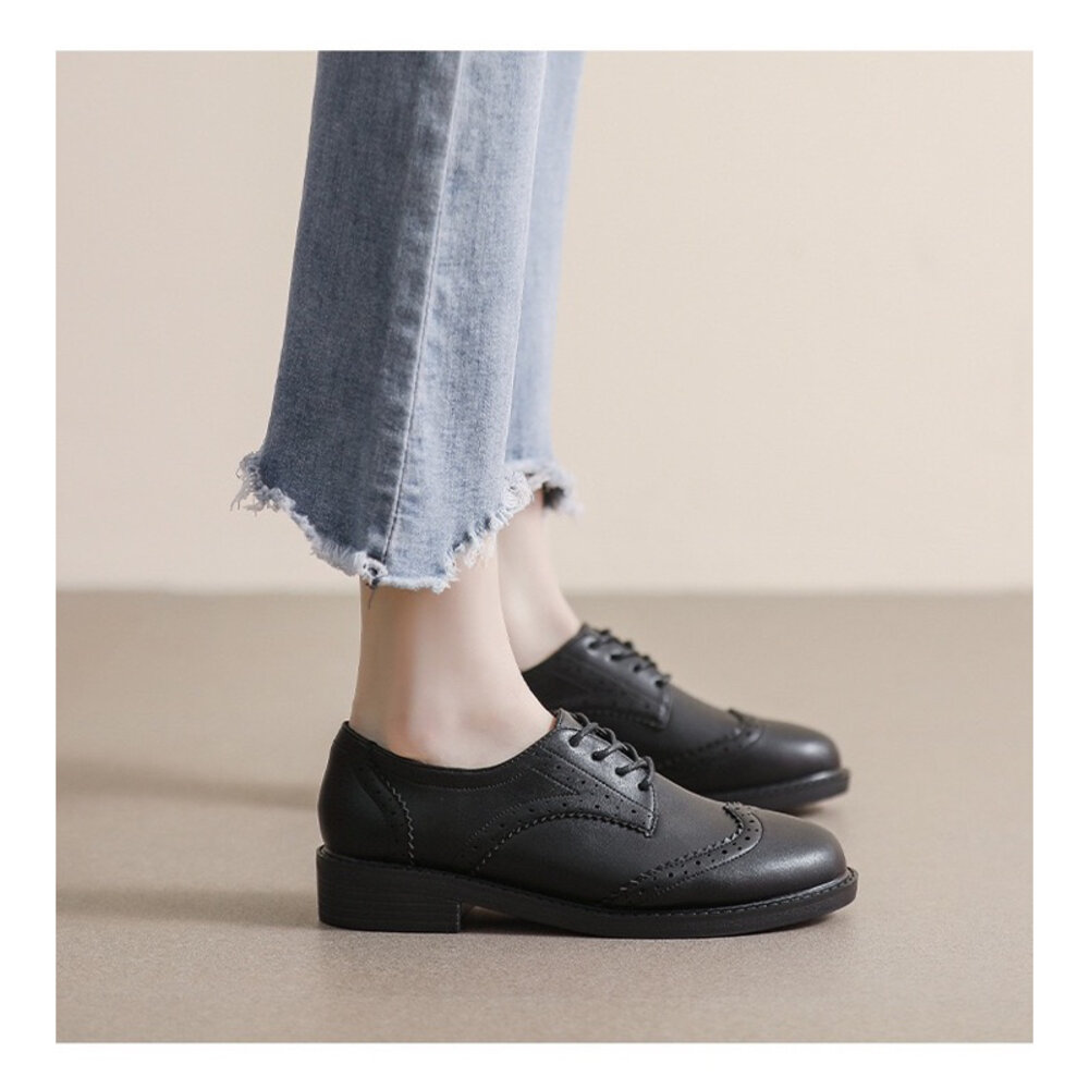 牛津鞋 學生鞋 綁帶 學院風 亮皮 36-40號 ❤️粗跟好走 包鞋 英倫風 復古 雕花 巴洛克風-圖片-4