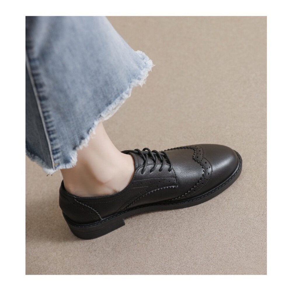 牛津鞋 學生鞋 綁帶 學院風 亮皮 36-40號 ❤️粗跟好走 包鞋 英倫風 復古 雕花 巴洛克風-圖片-5