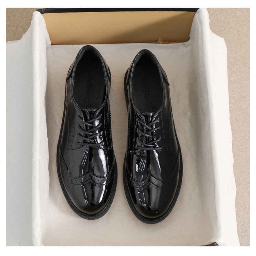 牛津鞋 學生鞋 綁帶 學院風 亮皮 36-40號 ❤️粗跟好走 包鞋 英倫風 復古 雕花 巴洛克風-圖片-6