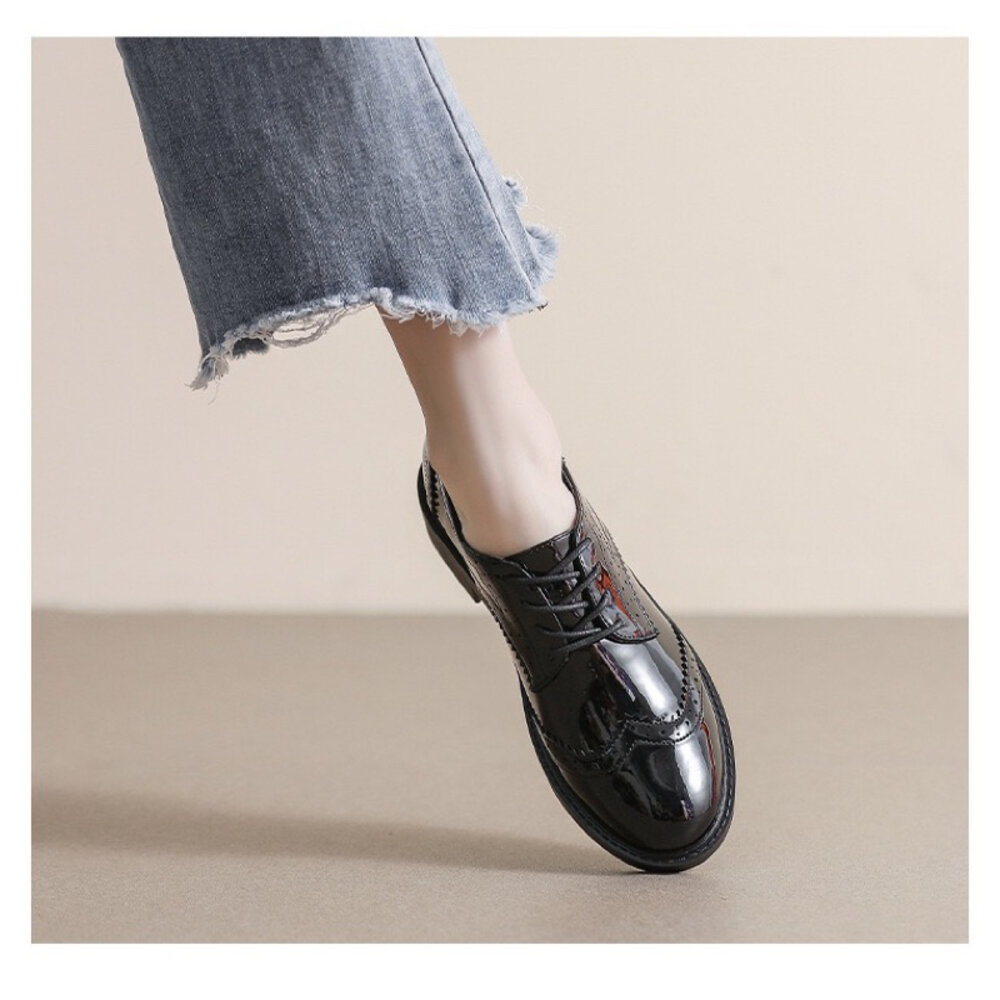 牛津鞋 學生鞋 綁帶 學院風 亮皮 36-40號 ❤️粗跟好走 包鞋 英倫風 復古 雕花 巴洛克風-圖片-7