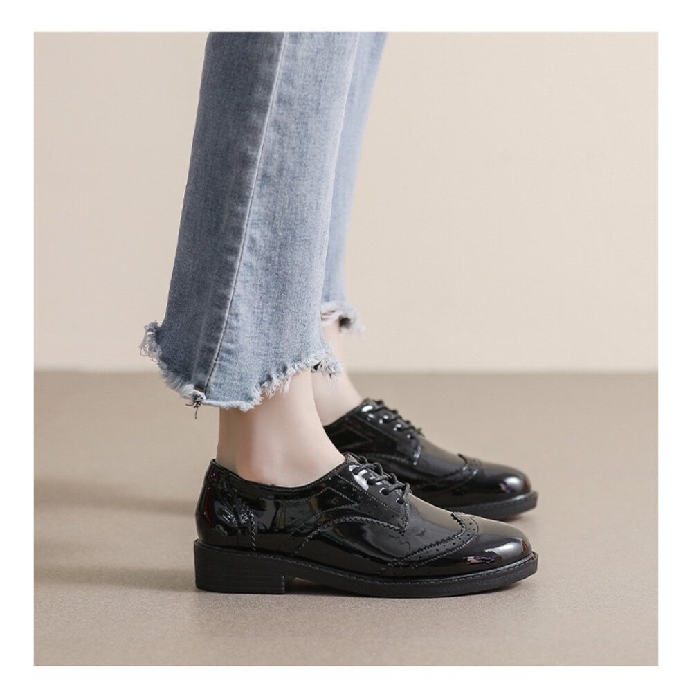 牛津鞋 學生鞋 綁帶 學院風 亮皮 36-40號 ❤️粗跟好走 包鞋 英倫風 復古 雕花 巴洛克風-圖片-8