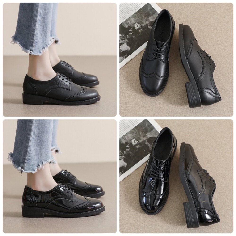 牛津鞋學生鞋綁帶學院風亮皮36-40號❤️粗跟好走包鞋英倫風復古雕花巴洛克風