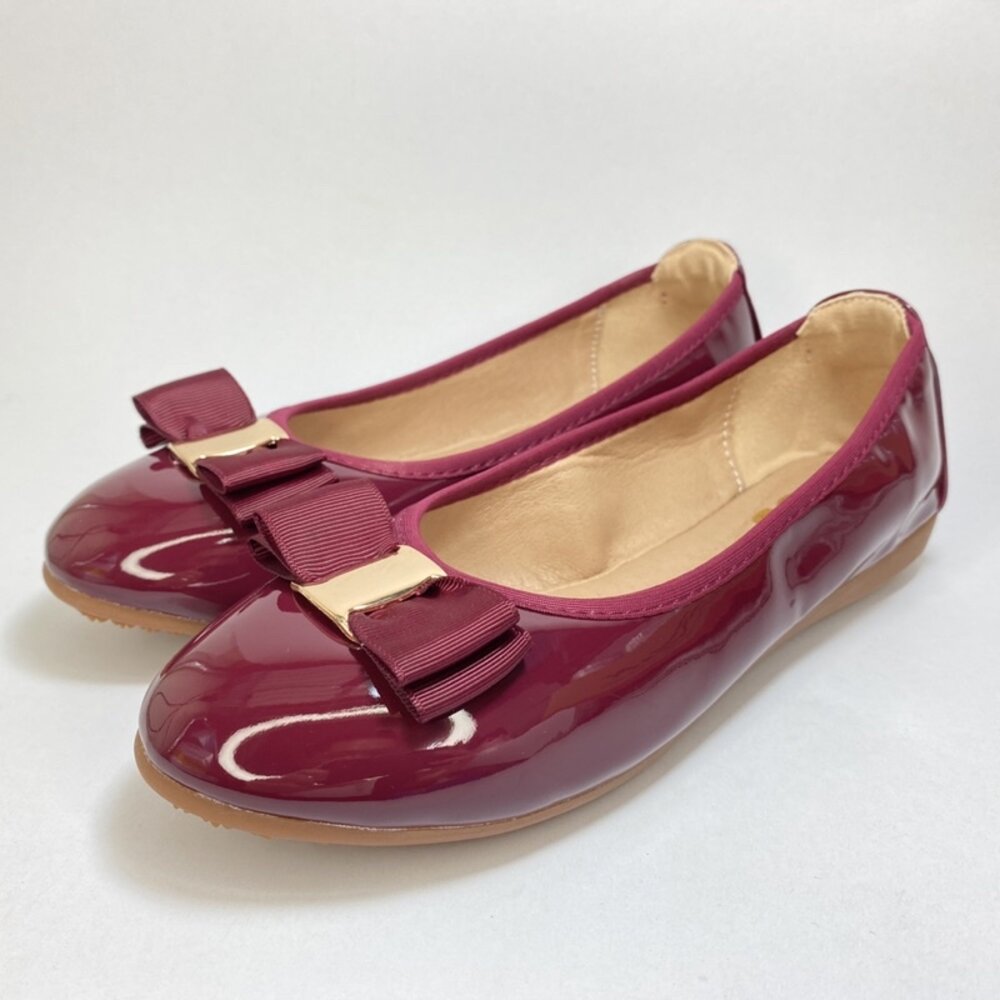 紅色亮皮娃娃鞋 蛋捲鞋 平底鞋 蝴蝶結 黑色 漆皮 35-41號-圖片-1
