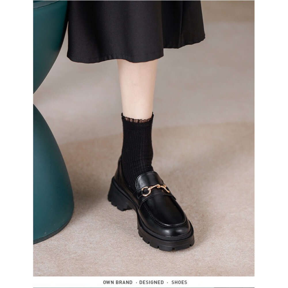 厚底樂福鞋 學院風 🔥台灣現貨🔥 黑色 亮皮 休閒鞋 氣墊 金屬扣-圖片-6