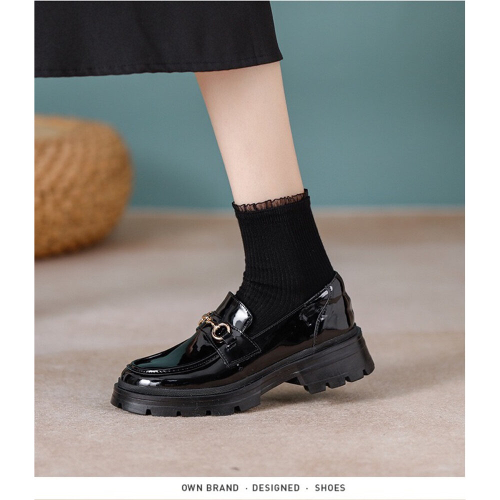 厚底樂福鞋 學院風 🔥台灣現貨🔥 黑色 亮皮 休閒鞋 氣墊 金屬扣-圖片-7