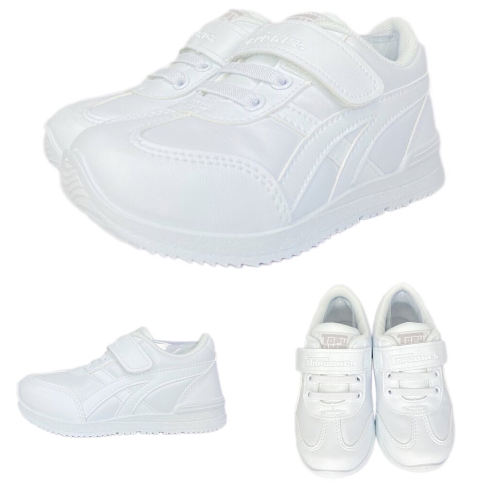 兒童全白皮面運動鞋 防水學生鞋 全黑 球鞋 男童女童 休閒鞋 16-22號 白色 黑色-圖片-5