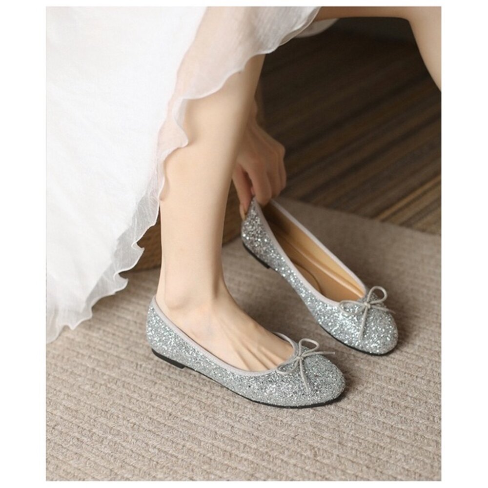 銀色娃娃鞋 銀蔥 石頭紋 🔥全台獨家訂製🔥 蝴蝶結 紅色 休閒鞋 黑色 粉色 平底鞋-圖片-1