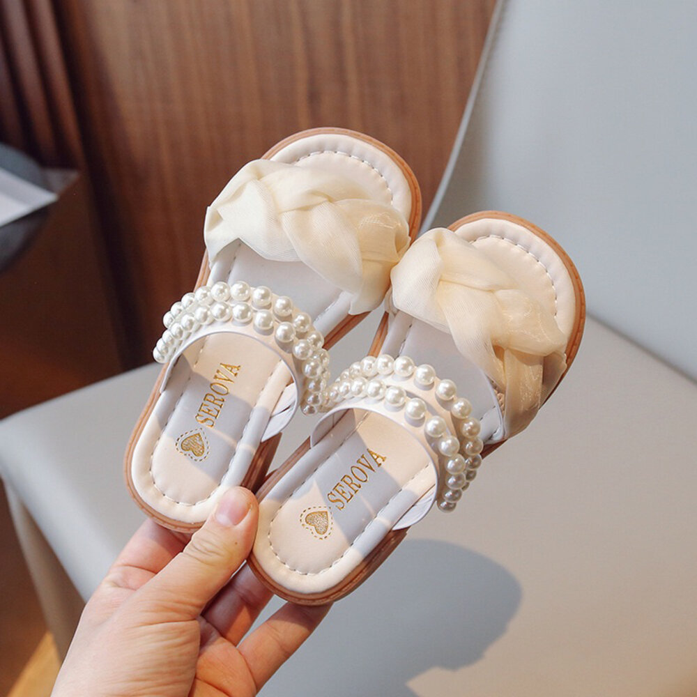 女童拖鞋 珍珠雪紡 🔥台灣現貨🔥 兒童拖鞋 淑女 休閒 中童 大童-圖片-1