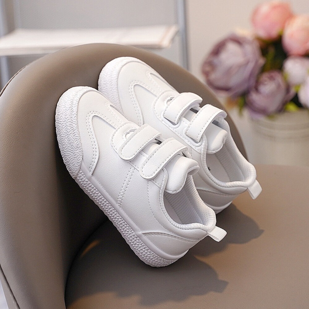 兒童皮面休閒鞋全白運動鞋防水16-22號男童女童白色魔鬼氈