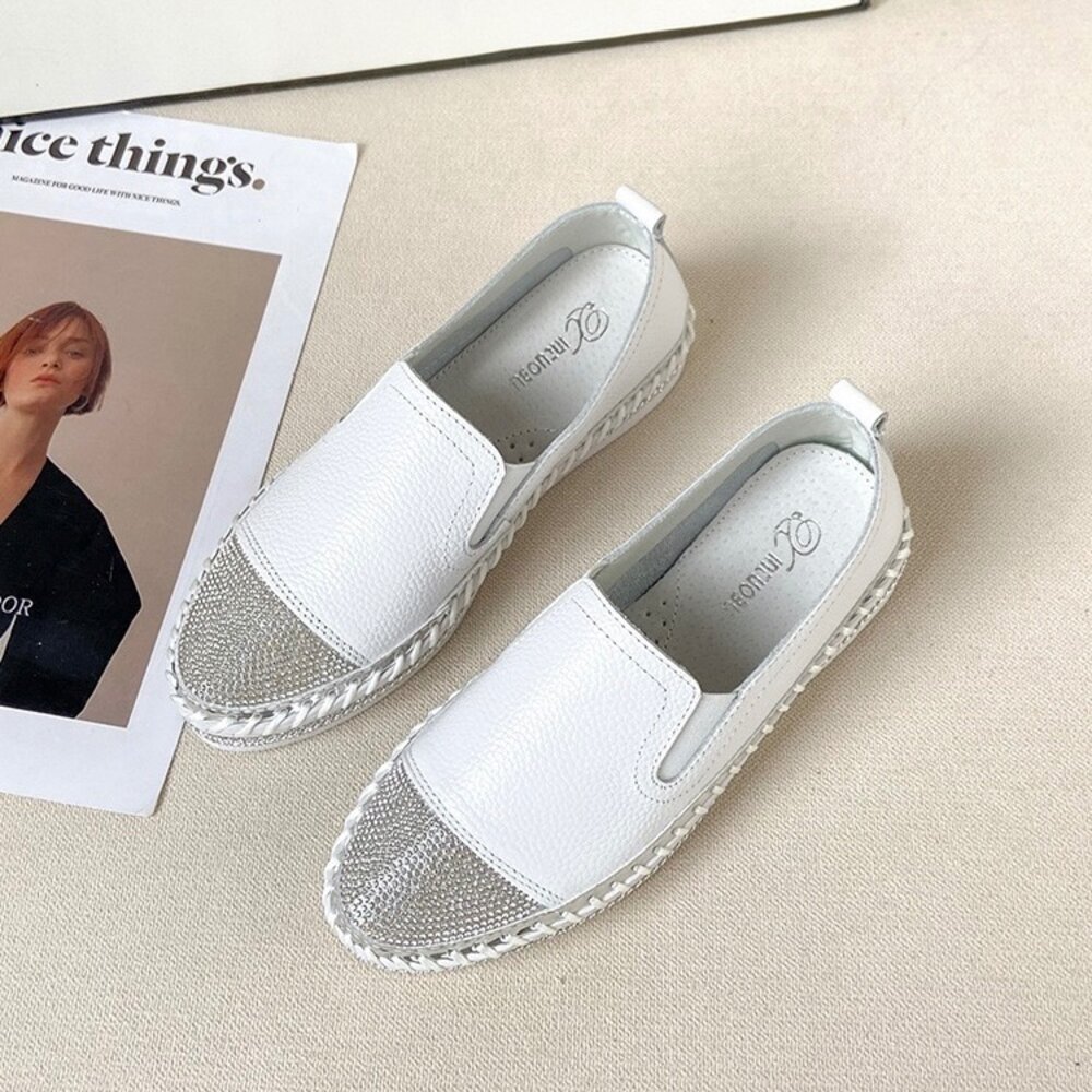銀色平底休閒鞋 娃娃鞋 水鑽 36-40號 小白鞋 平底鞋 皮面 女鞋 小童心鞋坊-圖片-5