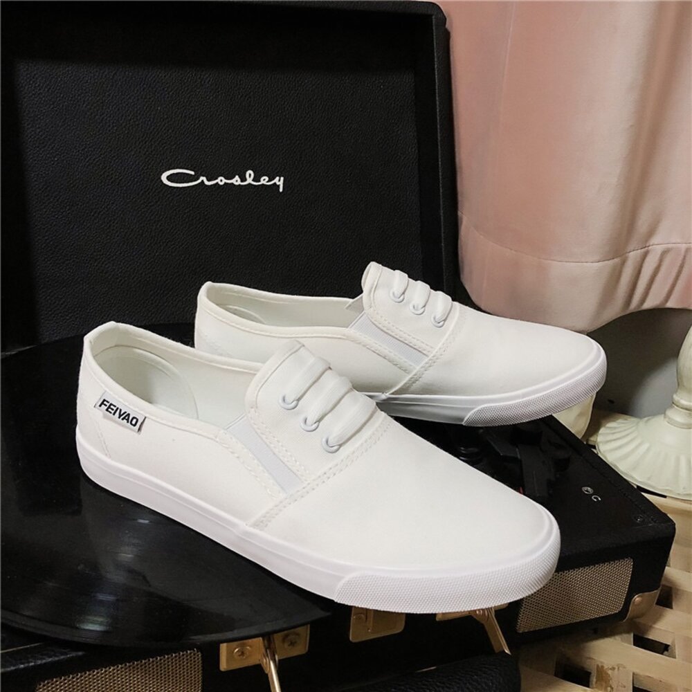 小白鞋 帆布鞋 前包拖鞋 全白休閒鞋 懶人鞋 黑色 灰色-圖片-2