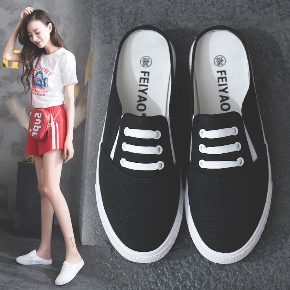 小白鞋 帆布鞋 前包拖鞋 全白休閒鞋 懶人鞋 黑色 灰色-圖片-5