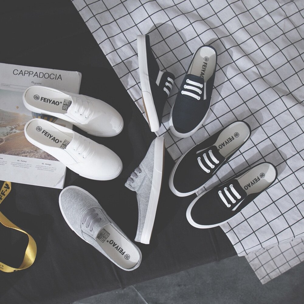 小白鞋 帆布鞋 前包拖鞋 全白休閒鞋 懶人鞋 黑色 灰色-圖片-7