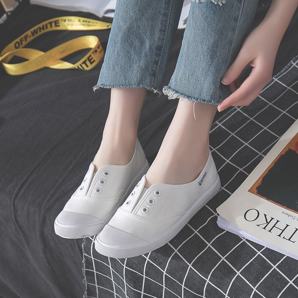 小白鞋 帆布鞋 前包拖鞋 全白休閒鞋 懶人鞋 黑色 灰色-圖片-9