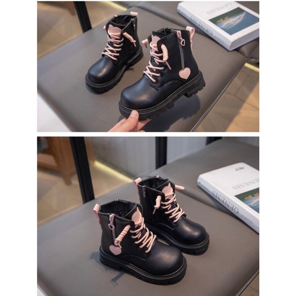 女童黑色愛心短靴 兒童靴子 防水 15-22公分 皮面 拉鍊穿脫-圖片-5