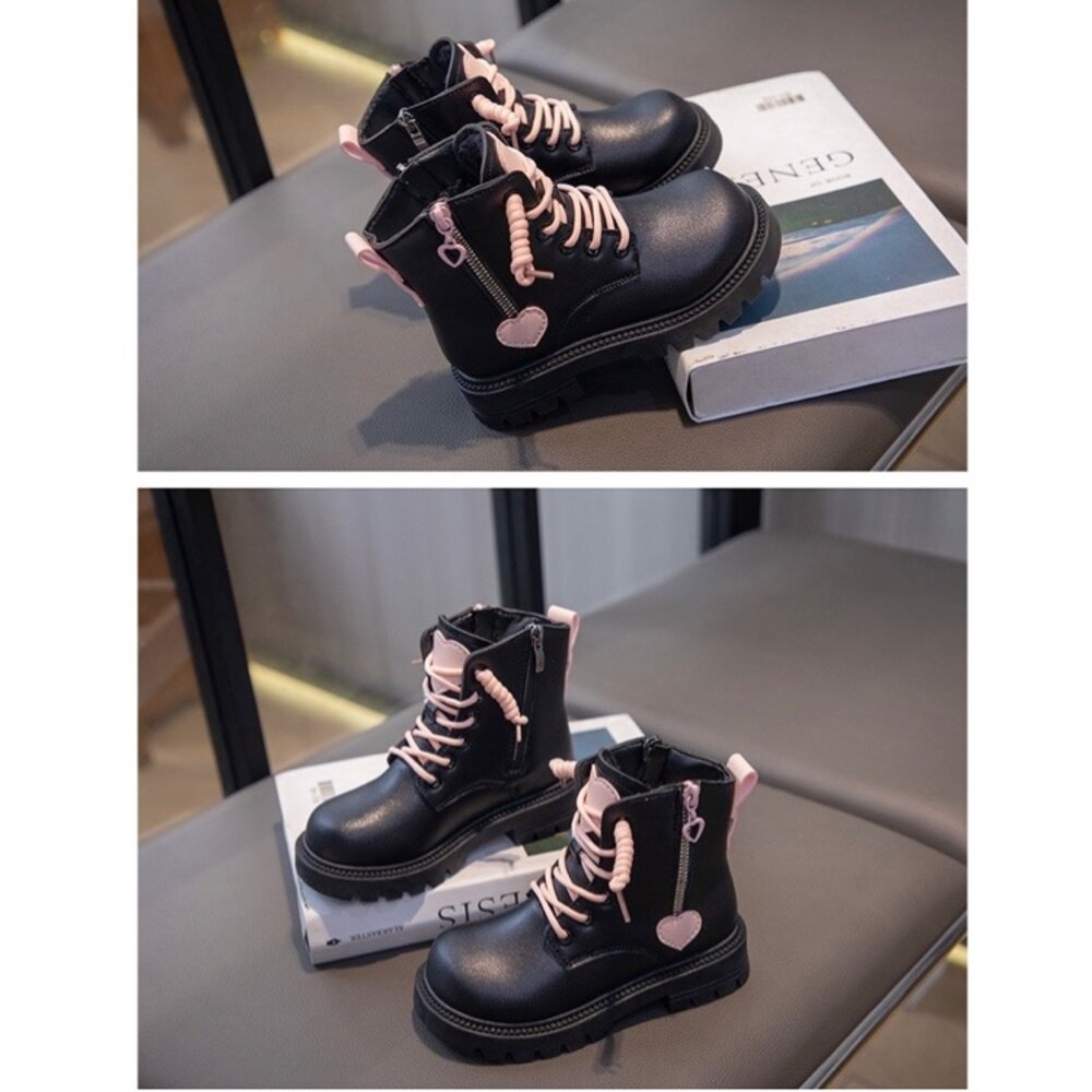女童黑色愛心短靴 兒童靴子 防水 15-22公分 皮面 拉鍊穿脫-圖片-6