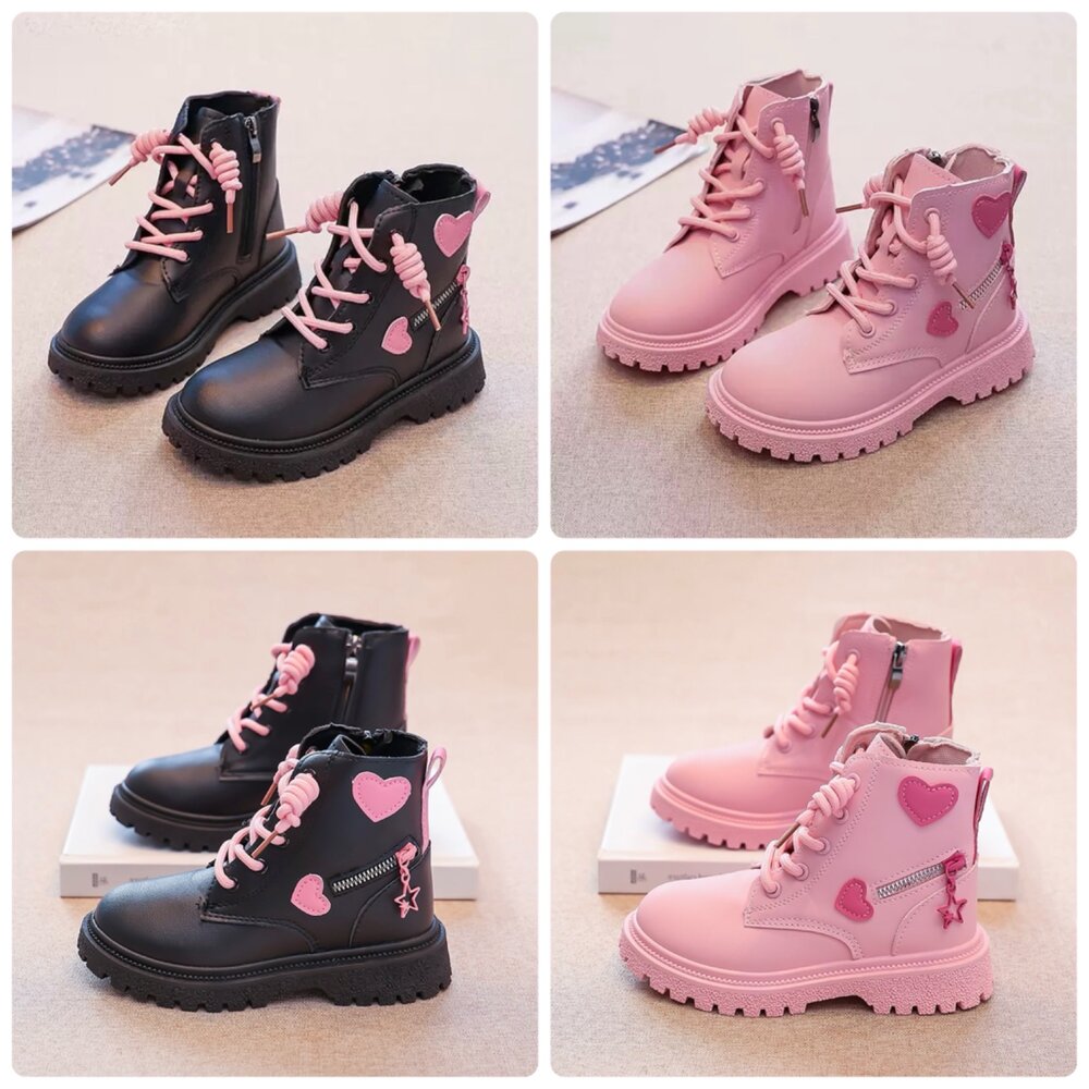 24110219165378-女童皮面靴子 兒童短靴 防水 愛心 15-22公分 拉鍊穿脫