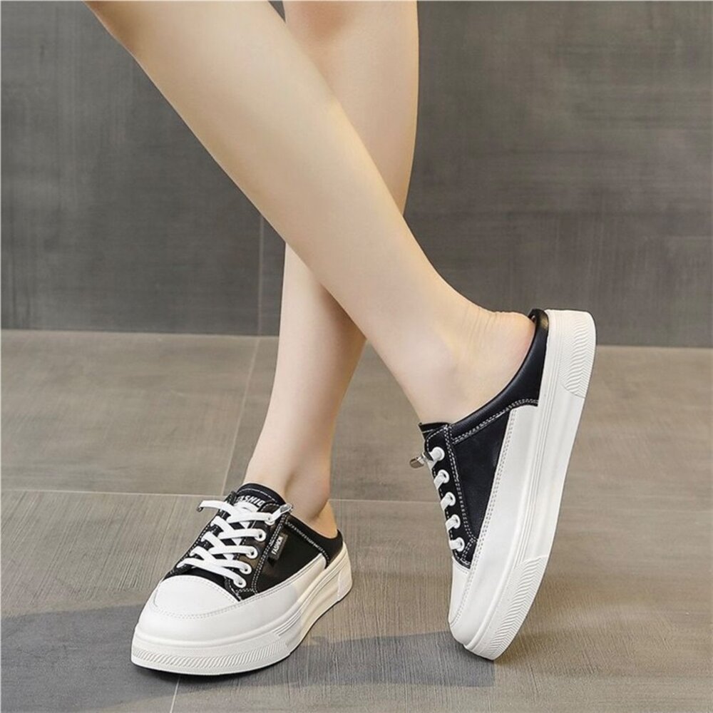 皮面休閒鞋 帆布鞋 防水防滑 小白鞋 黑色 36-40號-圖片-10