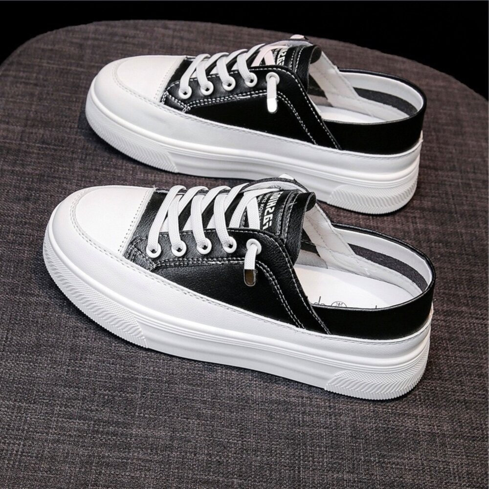 皮面休閒鞋 帆布鞋 防水防滑 小白鞋 黑色 36-40號-圖片-3