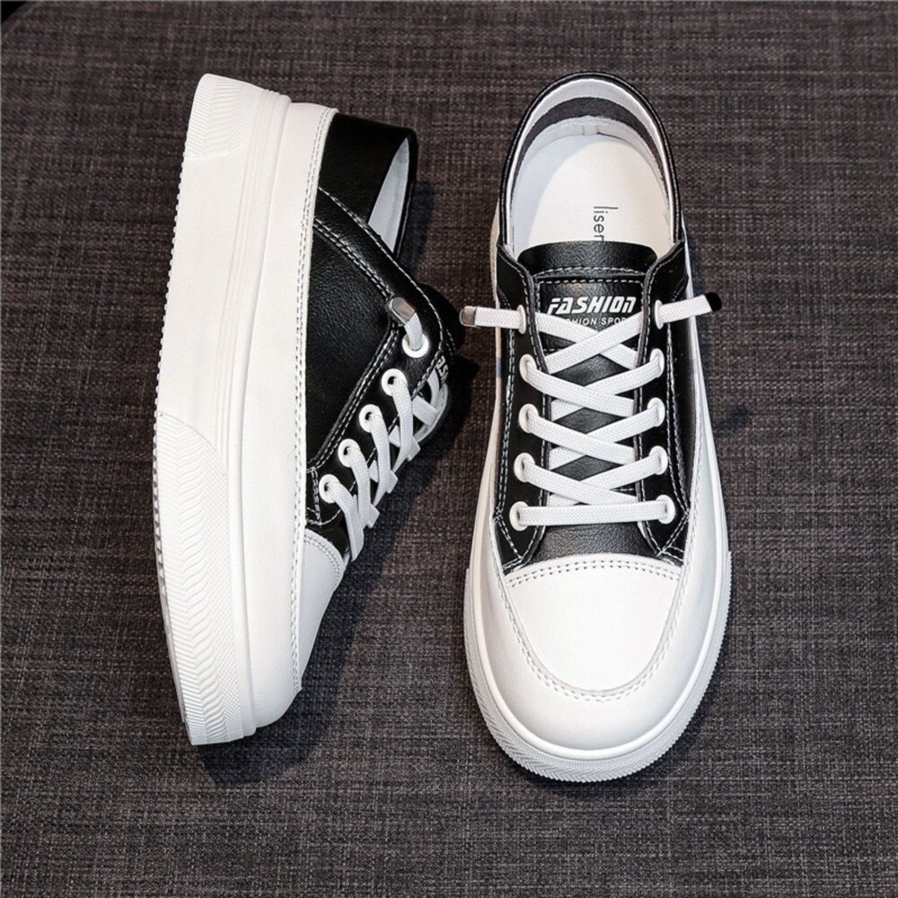 皮面休閒鞋 帆布鞋 防水防滑 小白鞋 黑色 36-40號-圖片-4