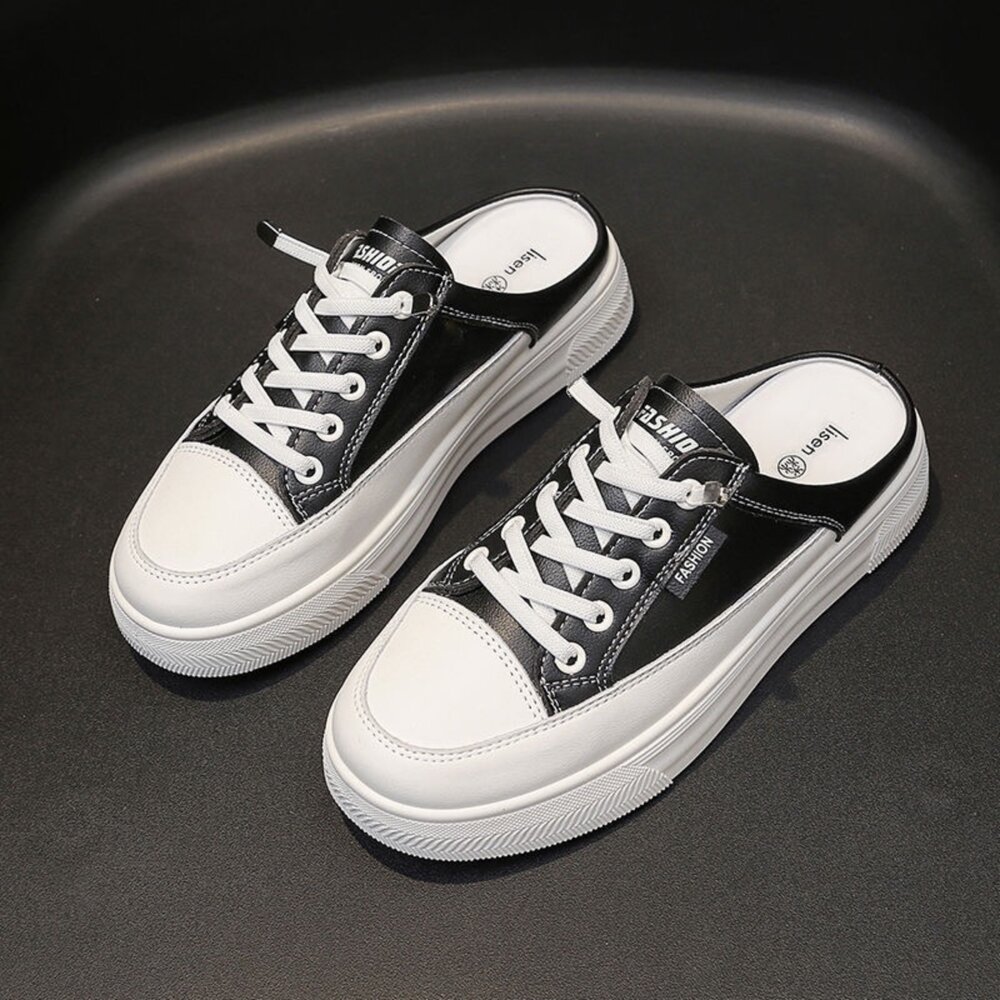 皮面休閒鞋 帆布鞋 防水防滑 小白鞋 黑色 36-40號-圖片-7