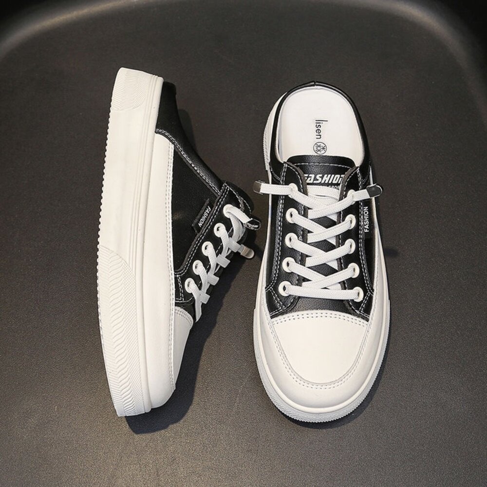 皮面休閒鞋 帆布鞋 防水防滑 小白鞋 黑色 36-40號-圖片-8