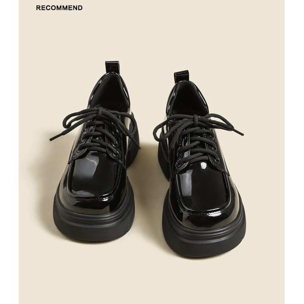 厚底鞋 黑色 鞋帶學院風 全黑皮面 亮皮 高台 5.5公分 休閒鞋-圖片-3