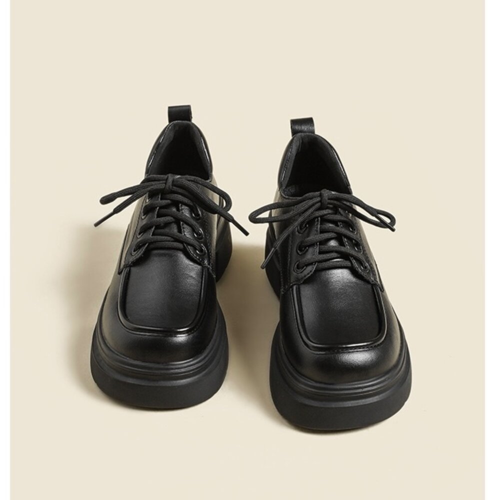 厚底鞋 黑色 鞋帶學院風 全黑皮面 亮皮 高台 5.5公分 休閒鞋-圖片-5